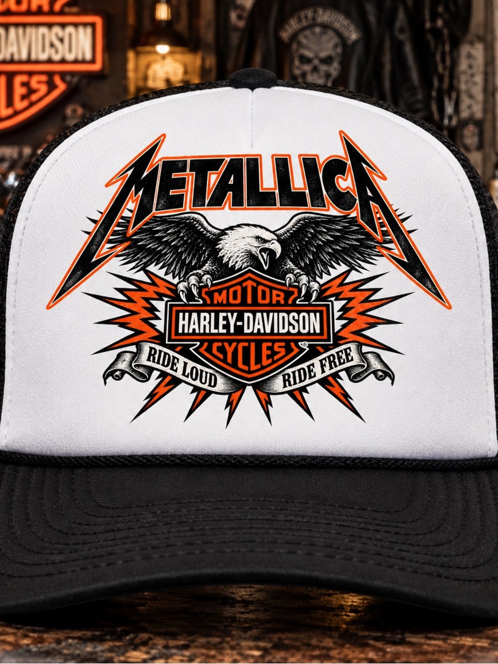 Harley-Davidson White, Black & Orange Metallica Trucker Hat
